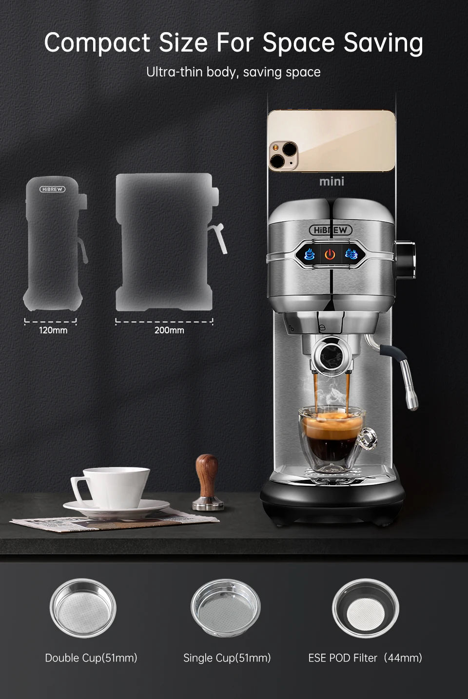 HiBREW Coffee Maker Cafetera 20 Bar Inox Semi Automatic Super Slim ESE POD & Powder Espresso Machine Hot Water H11