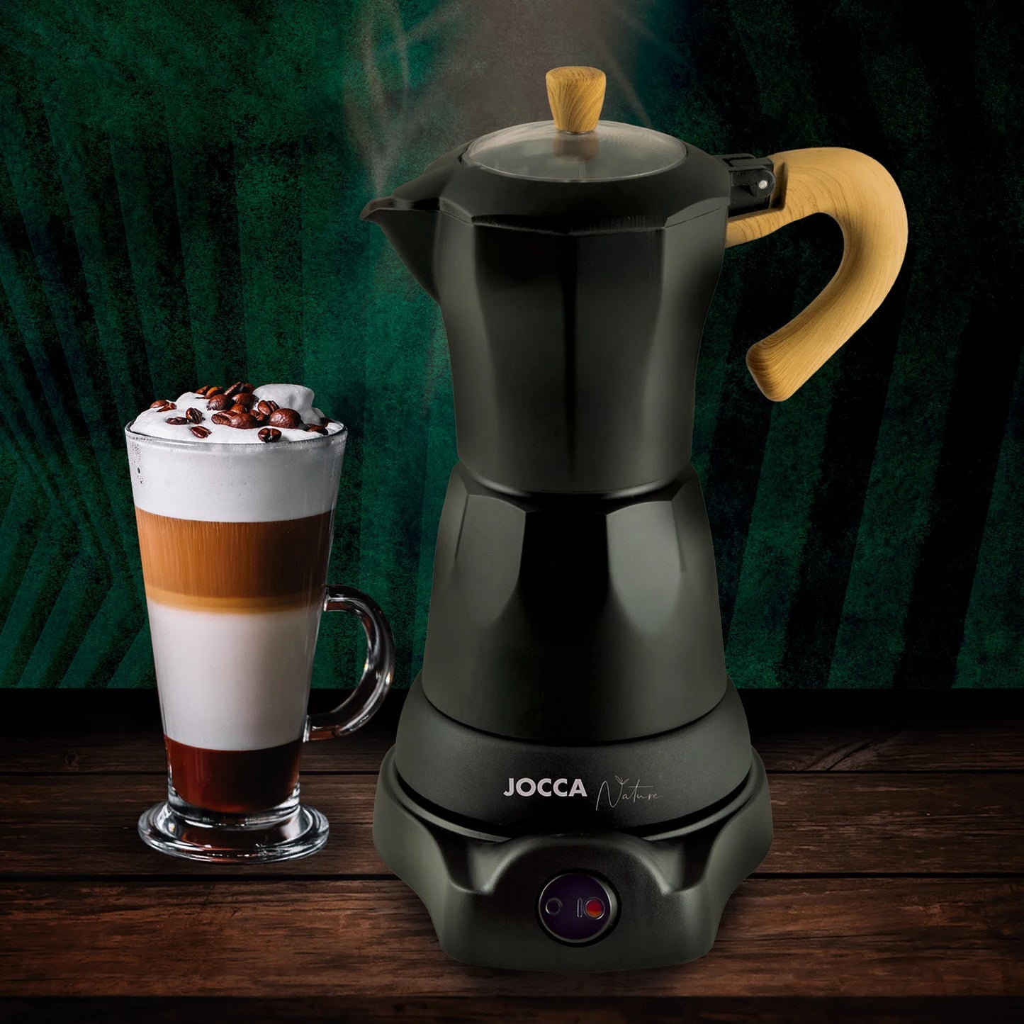 Jocca 6-mug (300 ml) Nature range traditional mocha electric coffee maker with heat maintenance system, 360 ° rotating base, 480W and elegant aluminum design with wood touches