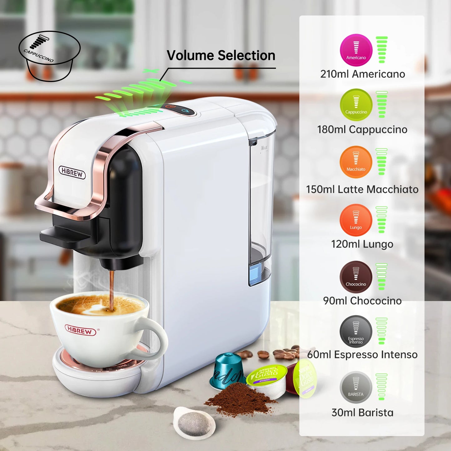 HiBREW Multiple Capsule Coffee Machine, Hot/Cold Dolce Gusto Milk Nespresso Capsule ESE Pod Ground Coffee Cafeteria 20Bar 5 in 1