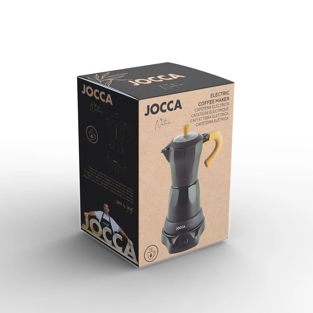 Jocca 6-mug (300 ml) Nature range traditional mocha electric coffee maker with heat maintenance system, 360 ° rotating base, 480W and elegant aluminum design with wood touches