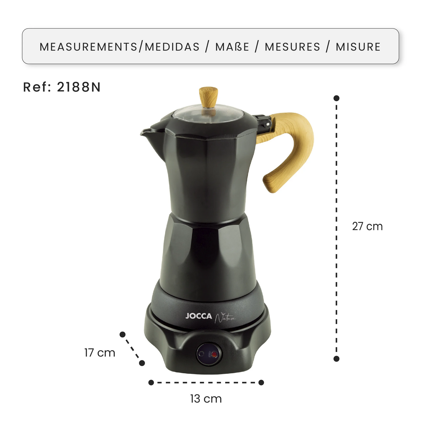 Jocca 6-mug (300 ml) Nature range traditional mocha electric coffee maker with heat maintenance system, 360 ° rotating base, 480W and elegant aluminum design with wood touches