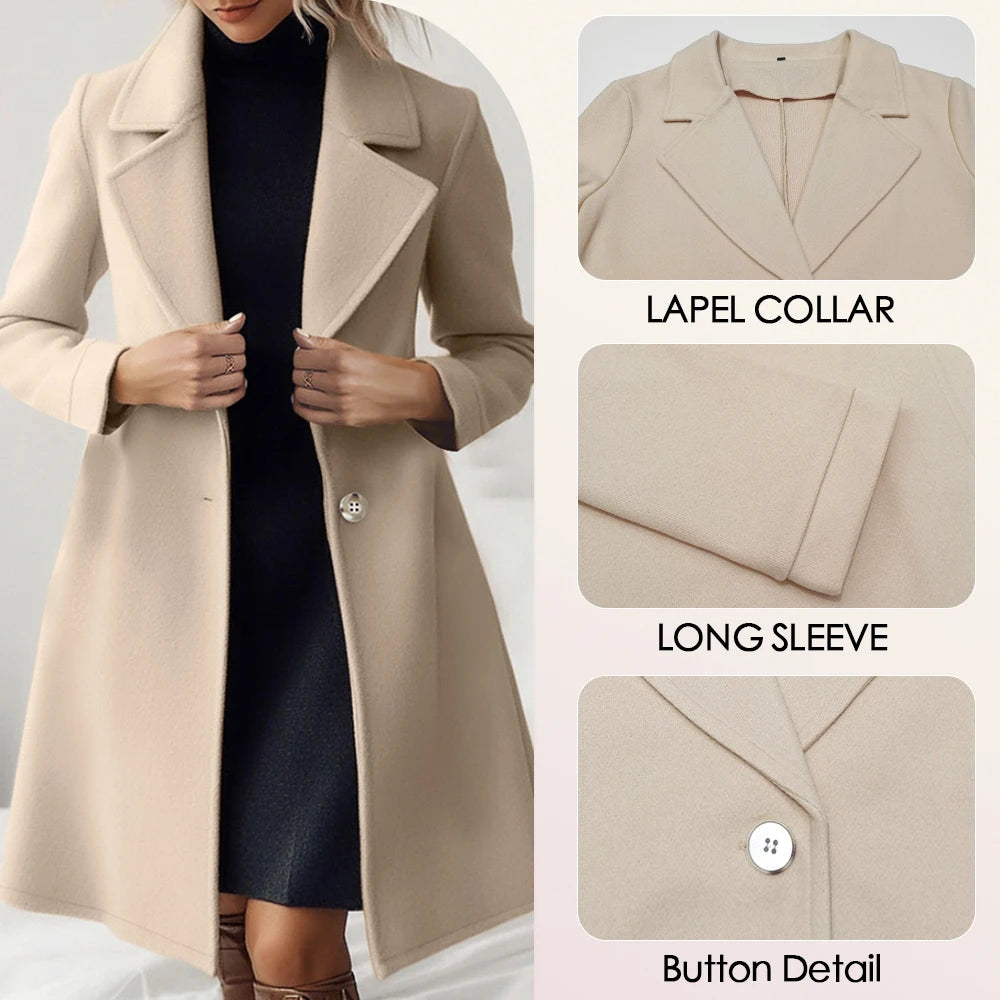 Mia Muse Women's Coats Autumn Winter French Apricot Plain Single Breasted Long Sleeve Lapel Loose Maxi Casual Coats