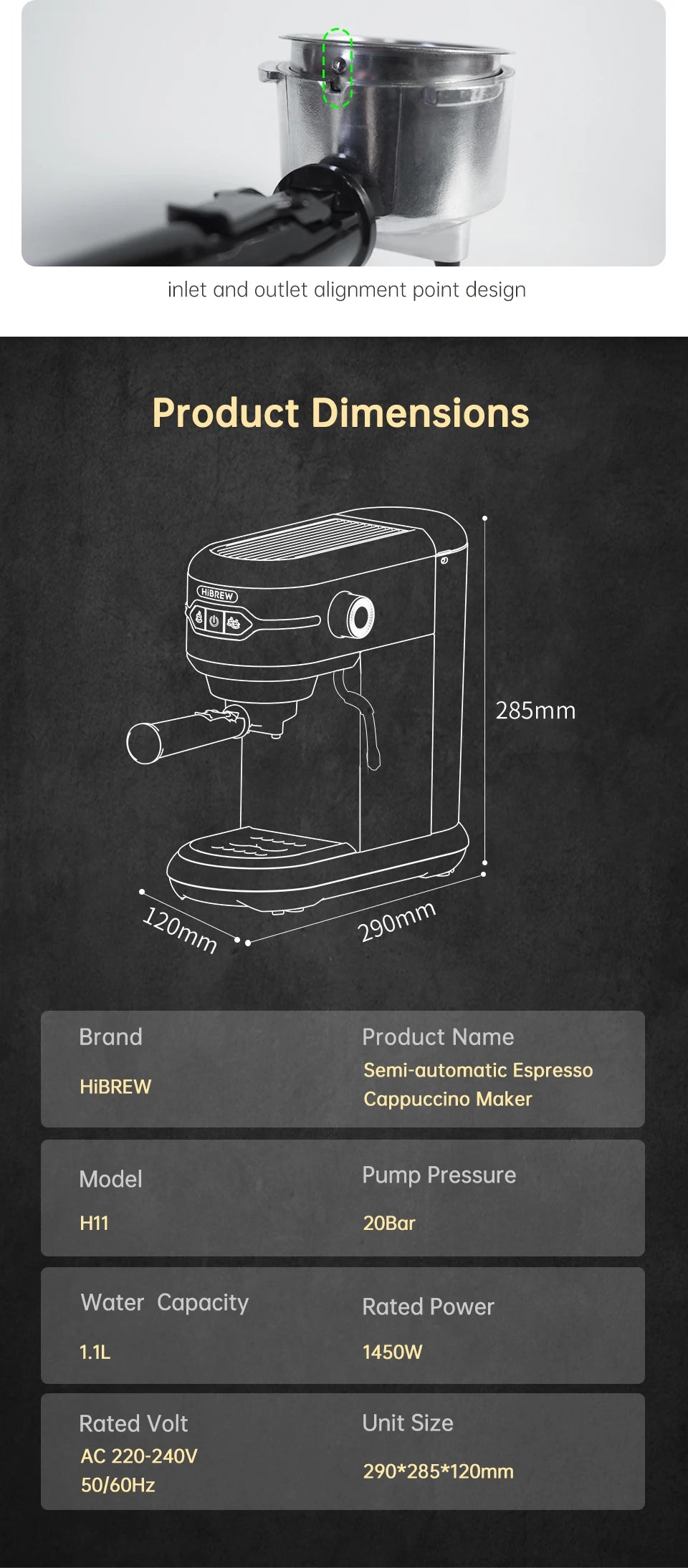 HiBREW Coffee Maker Cafetera 20 Bar Inox Semi Automatic Super Slim ESE POD & Powder Espresso Machine Hot Water H11