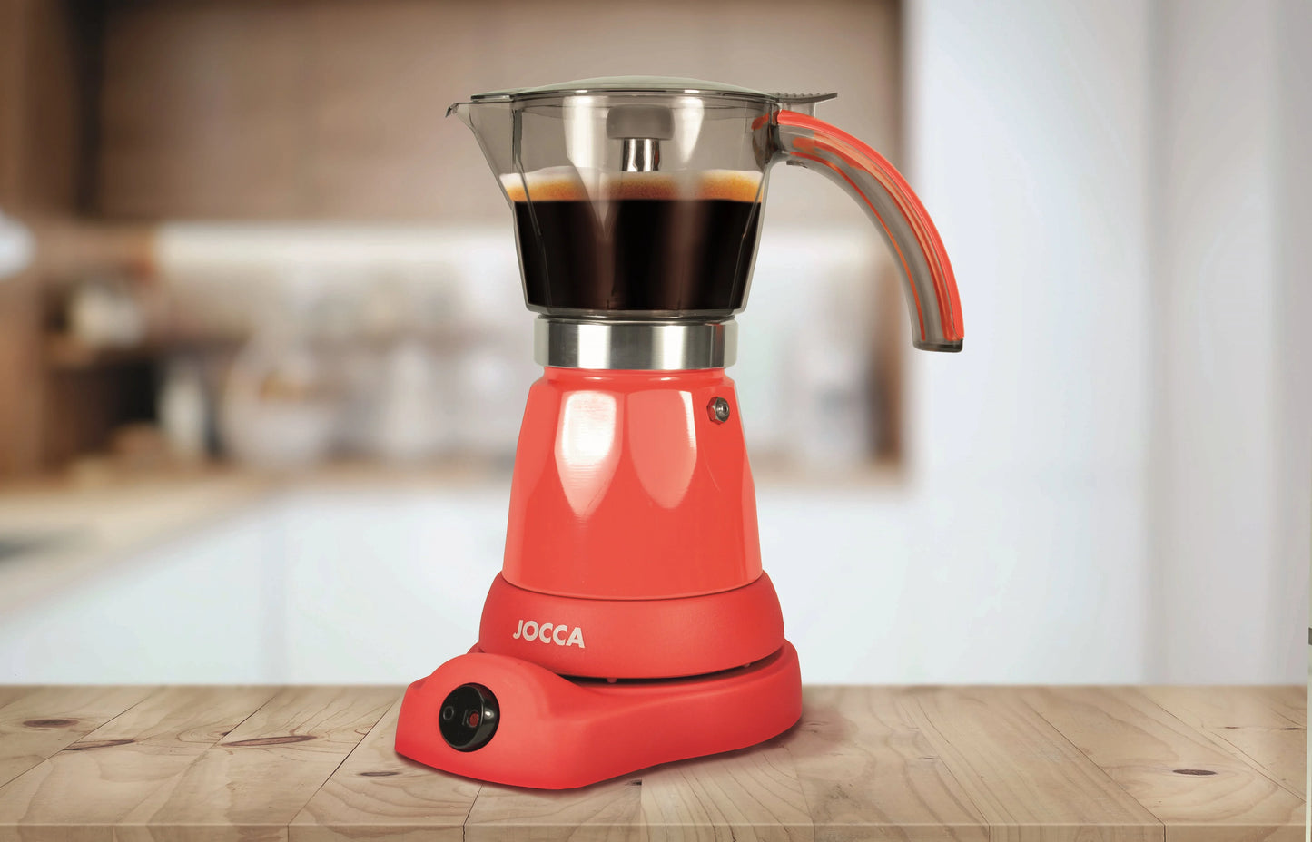 Italian Jocca coffee maker with an electric base that allows the coffee maker to rotate 360 °, a system that keeps the coffee always hot with protection against overheating, compact design, transparent jug and with a cold to