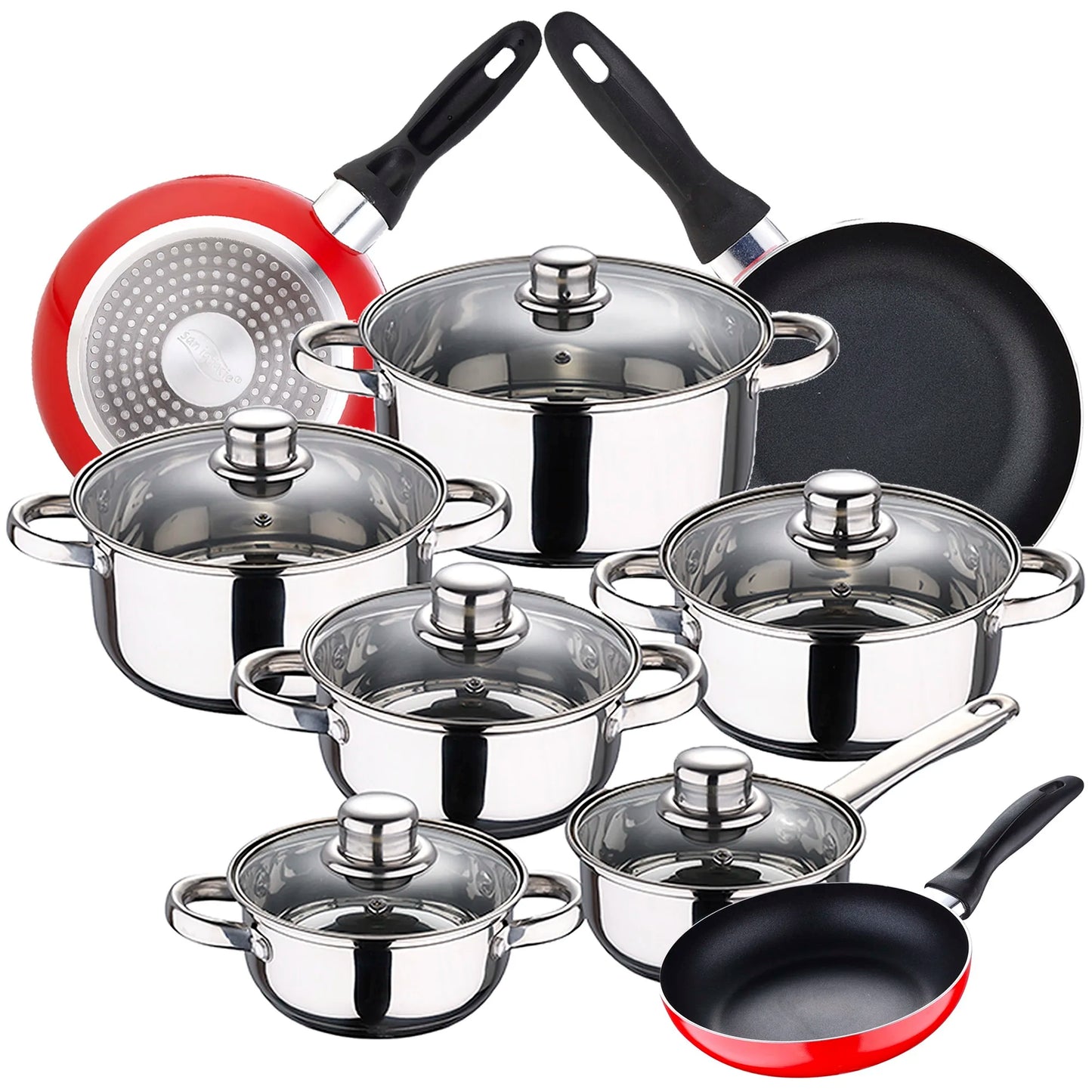 San Ignacio Cassel 12-Piece Cookware Set in Stainless Steel with Pan Set (16/20/24 cm) San Ignacio Navy Red in Pressed Aluminum