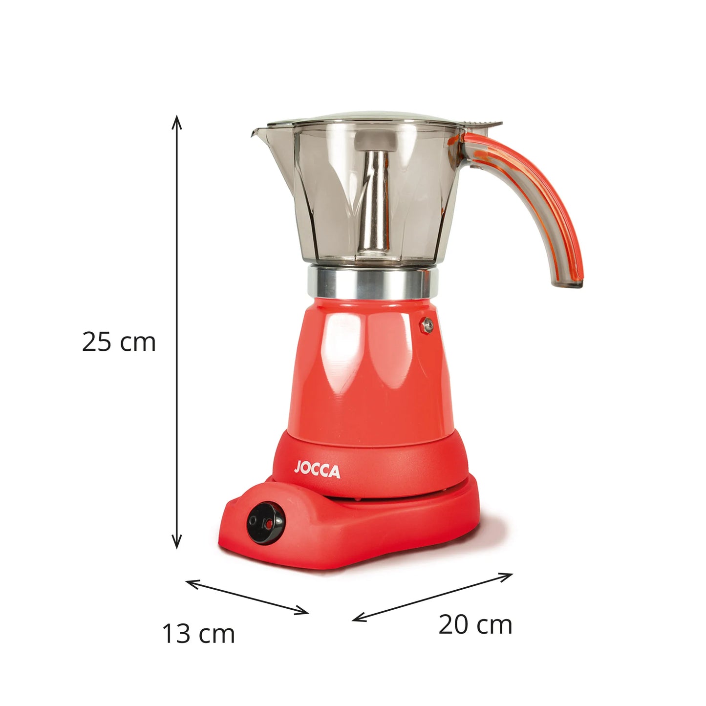 Italian Jocca coffee maker with an electric base that allows the coffee maker to rotate 360 °, a system that keeps the coffee always hot with protection against overheating, compact design, transparent jug and with a cold to