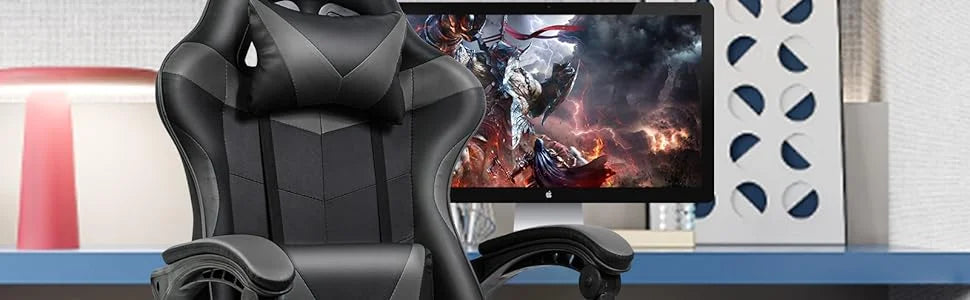 T-Lovendo Ergonomic Gaming Chair Desk for Video Game, Computer, Office, Study. Lumbar and Cervical Cushion. Height Adjustable and Reclining.