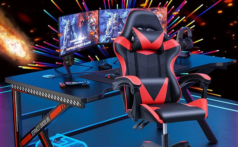 T-Lovendo Ergonomic Gaming Chair Desk for Video Game, Computer, Office, Study. Lumbar and Cervical Cushion. Height Adjustable and Reclining.