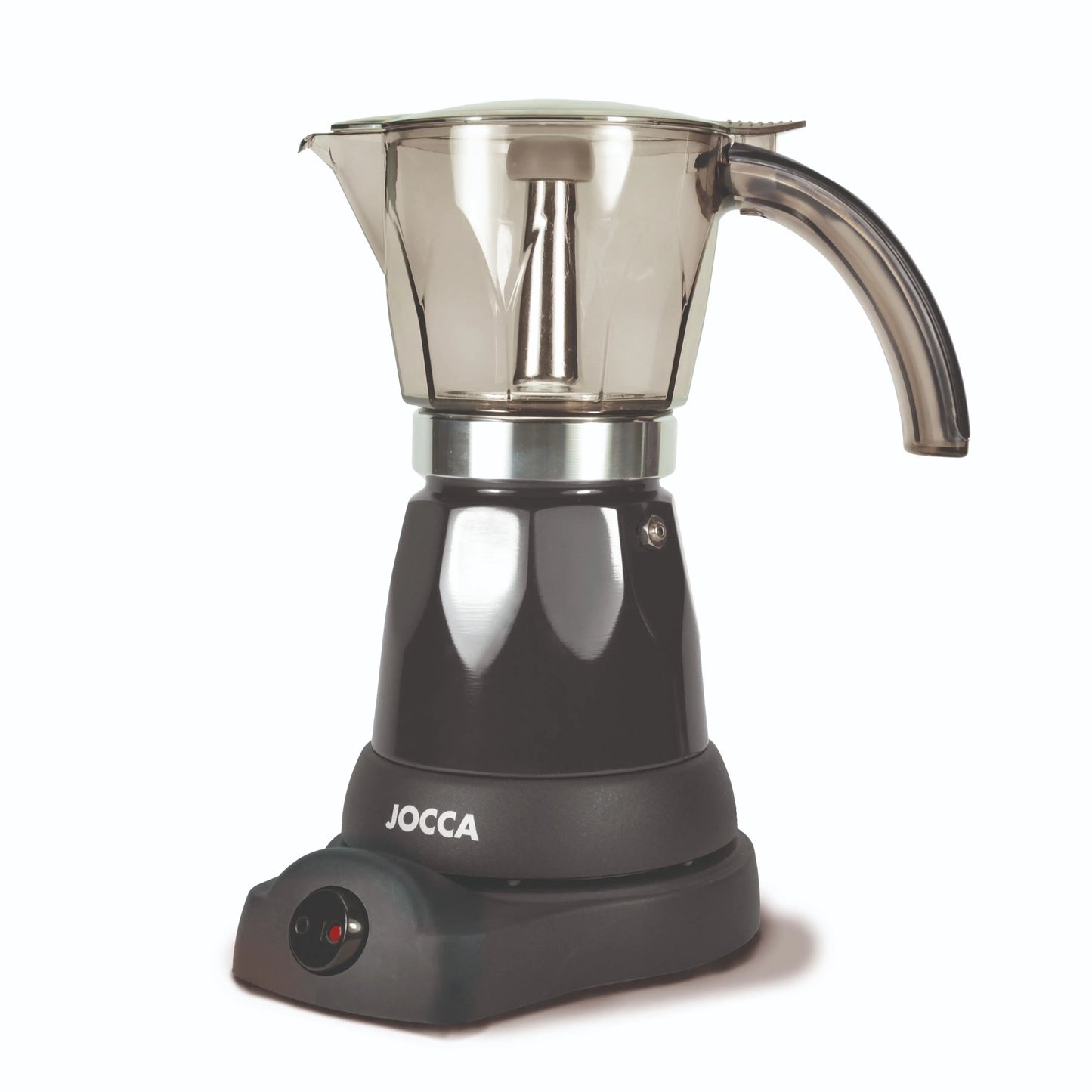 Italian Jocca coffee maker with an electric base that allows the coffee maker to rotate 360 °, a system that keeps the coffee always hot with protection against overheating, compact design, transparent jug and with a cold to