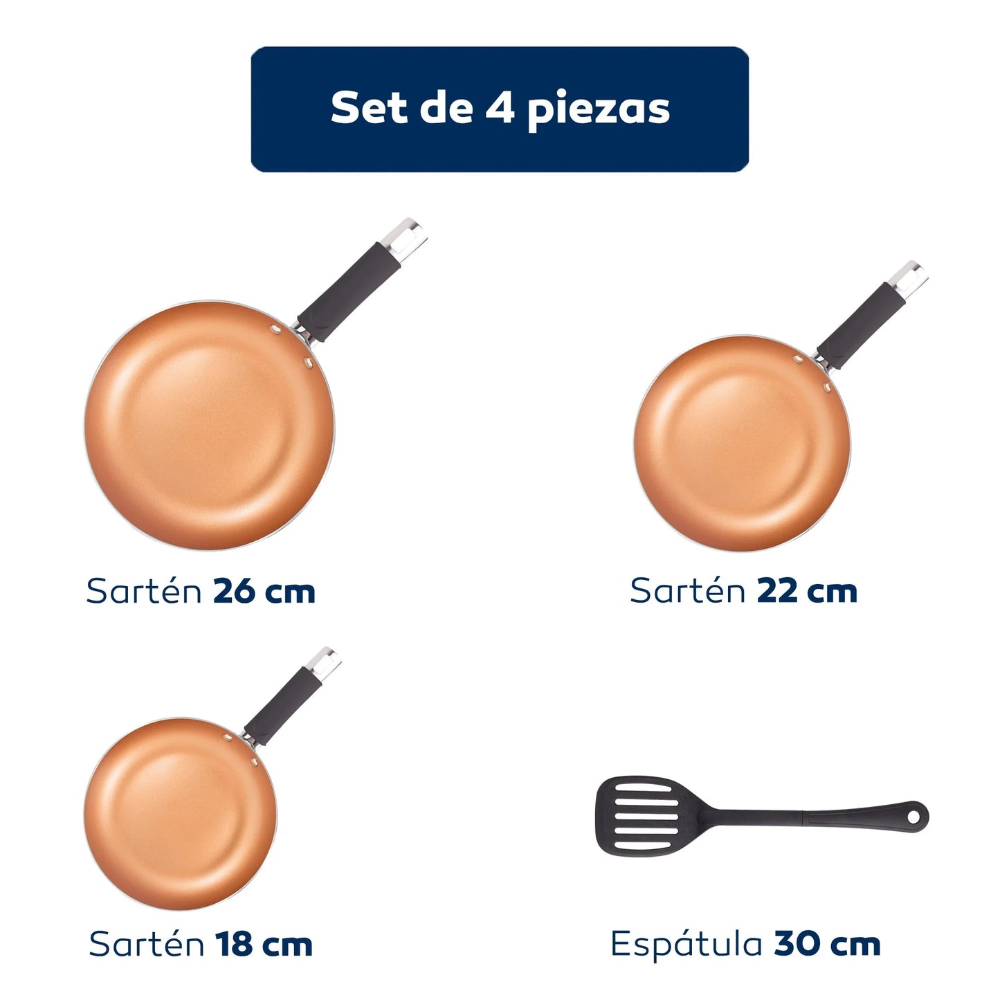 5pc battery steel inox Ø16Ø18Ø20 + frying pan set Ø18Ø22Ø26 + slotted spatula San Ignacio