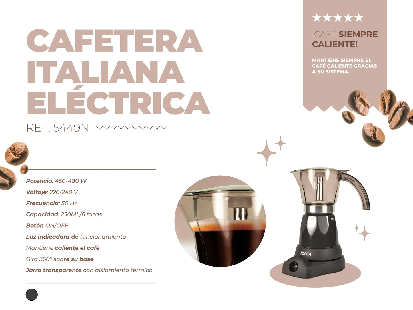 Italian Jocca coffee maker with an electric base that allows the coffee maker to rotate 360 °, a system that keeps the coffee always hot with protection against overheating, compact design, transparent jug and with a cold to