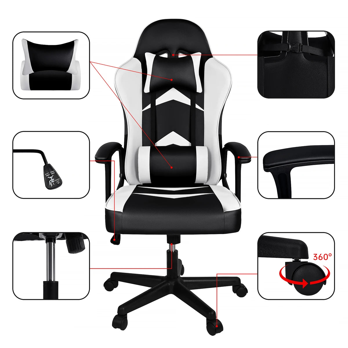 T-Lovendo - Gaming Chair with Lumbar and Cervical Cushion, Ergonomic, Height Adjustable and Reclining