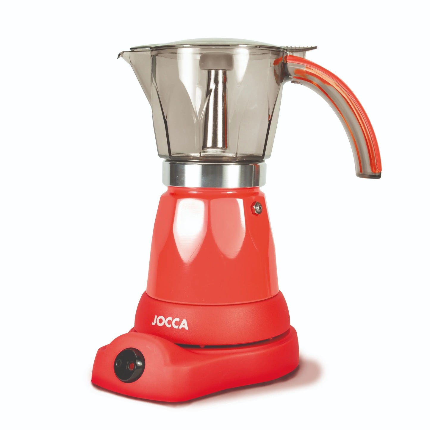 Italian Jocca coffee maker with an electric base that allows the coffee maker to rotate 360 °, a system that keeps the coffee always hot with protection against overheating, compact design, transparent jug and with a cold to