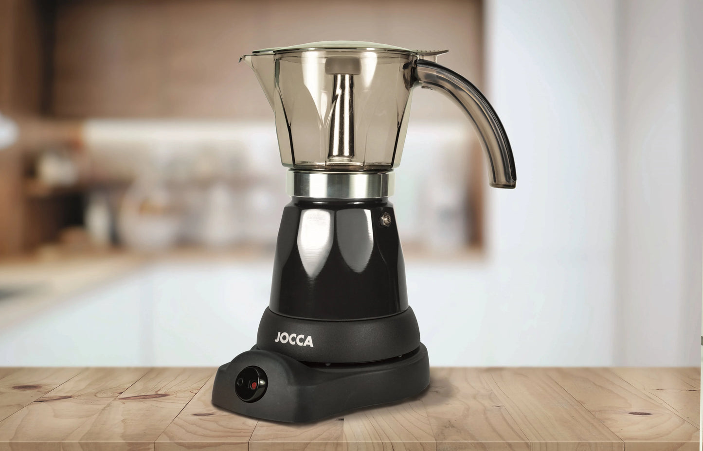 Italian Jocca coffee maker with an electric base that allows the coffee maker to rotate 360 °, a system that keeps the coffee always hot with protection against overheating, compact design, transparent jug and with a cold to