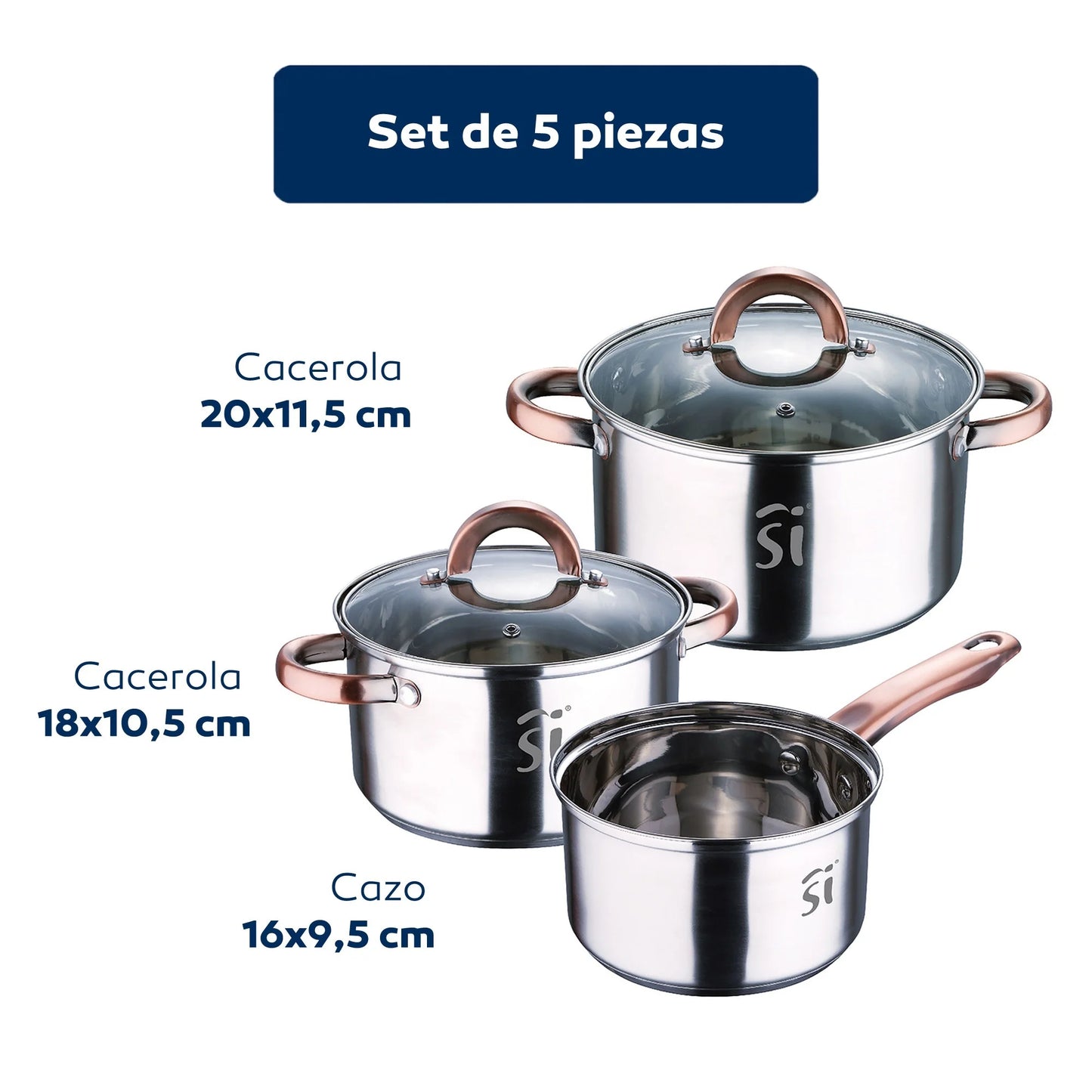 5pc battery steel inox Ø16Ø18Ø20 + frying pan set Ø18Ø22Ø26 + slotted spatula San Ignacio