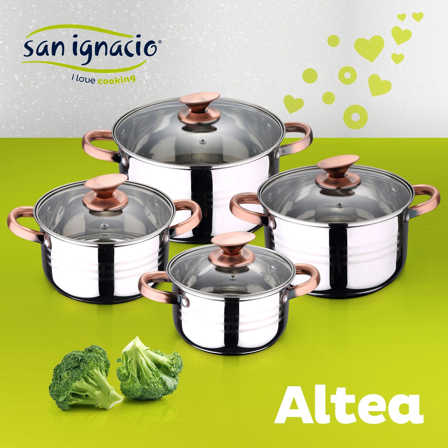 8 PCs SAN IGNACIO Altea induction kitchen battery in stainless steel with 3 set silicone kitchenware Daimiel