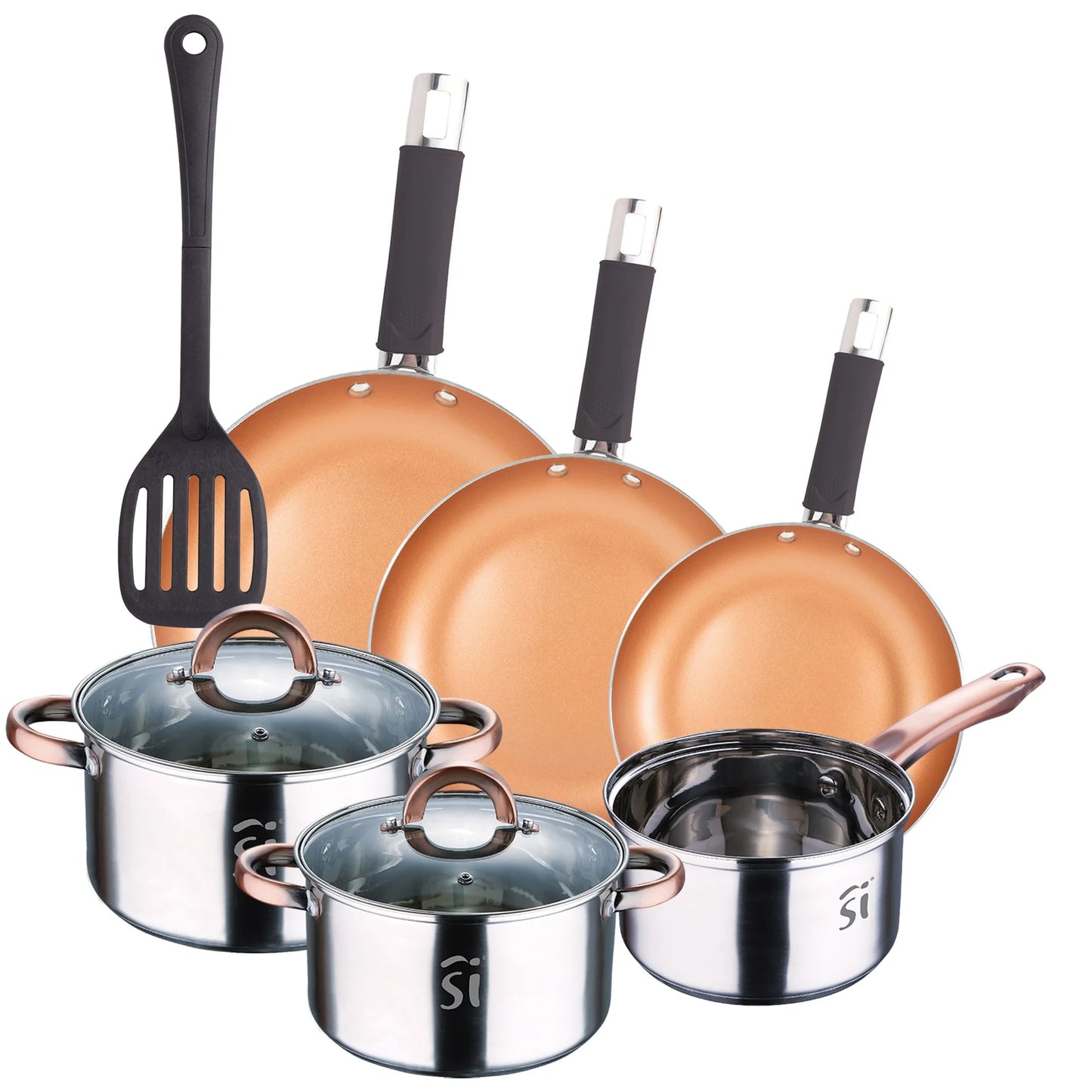 5pc battery steel inox Ø16Ø18Ø20 + frying pan set Ø18Ø22Ø26 + slotted spatula San Ignacio