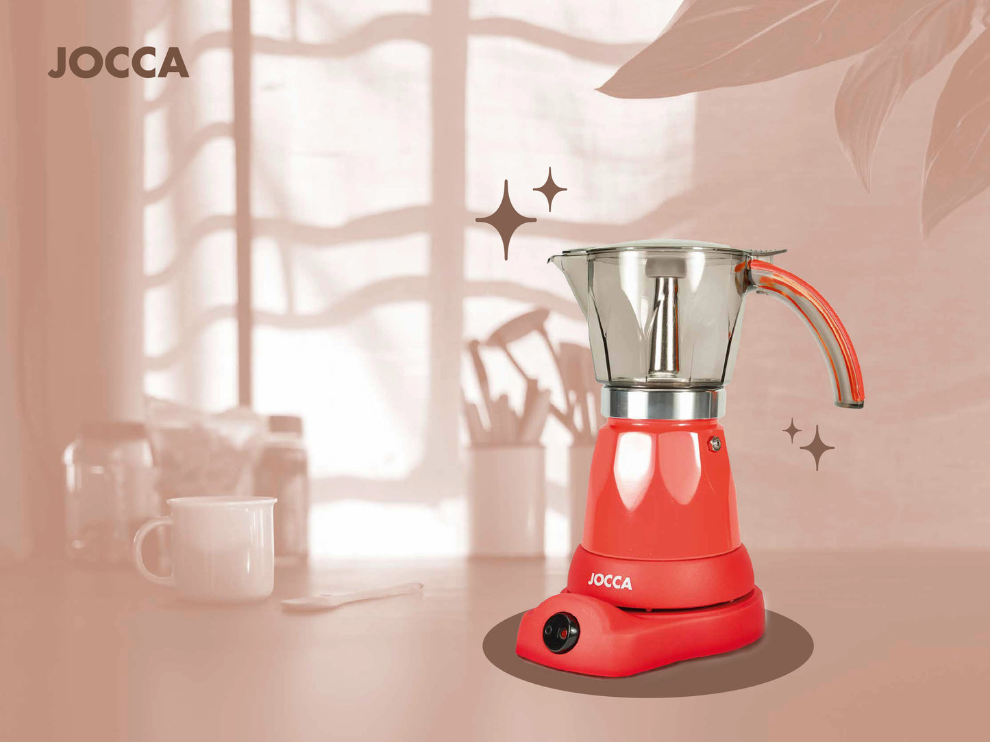 Italian Jocca coffee maker with an electric base that allows the coffee maker to rotate 360 °, a system that keeps the coffee always hot with protection against overheating, compact design, transparent jug and with a cold to