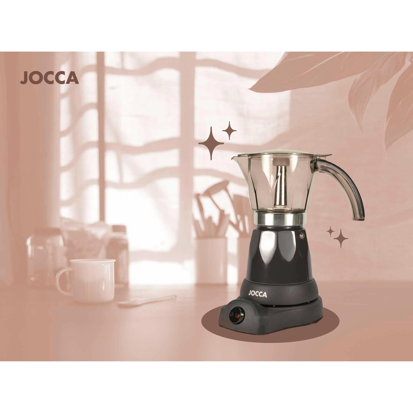 Italian Jocca coffee maker with an electric base that allows the coffee maker to rotate 360 °, a system that keeps the coffee always hot with protection against overheating, compact design, transparent jug and with a cold to