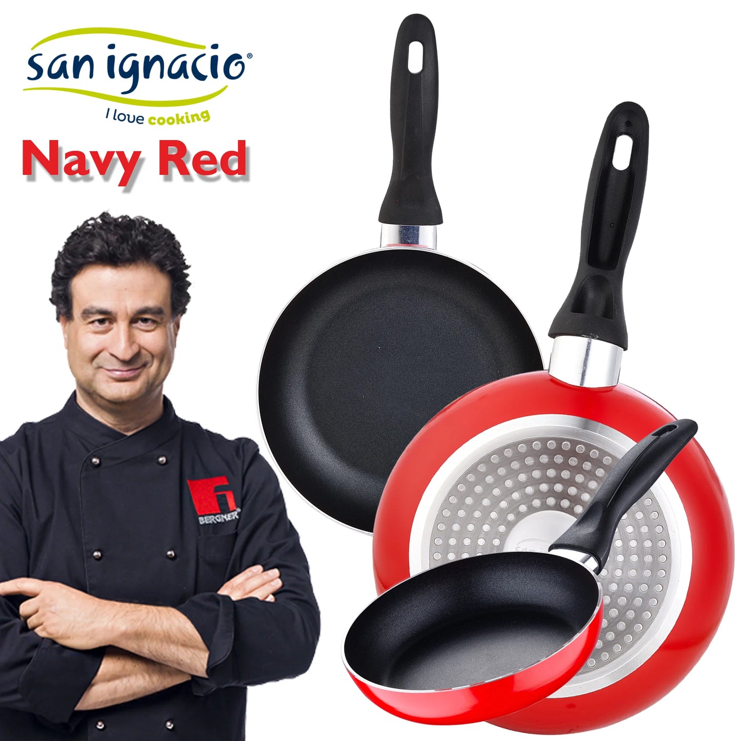 San Ignacio Cassel 12-Piece Cookware Set in Stainless Steel with Pan Set (16/20/24 cm) San Ignacio Navy Red in Pressed Aluminum