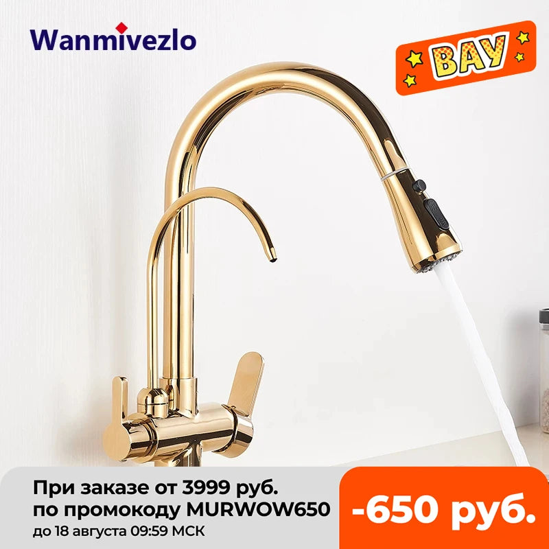 Gold Purify Water Kitchen Faucet Deck Mounted Dual Handle Faucet Purification Kitchen Sink Faucet 2 Swivel Spout Water Mixer Tap