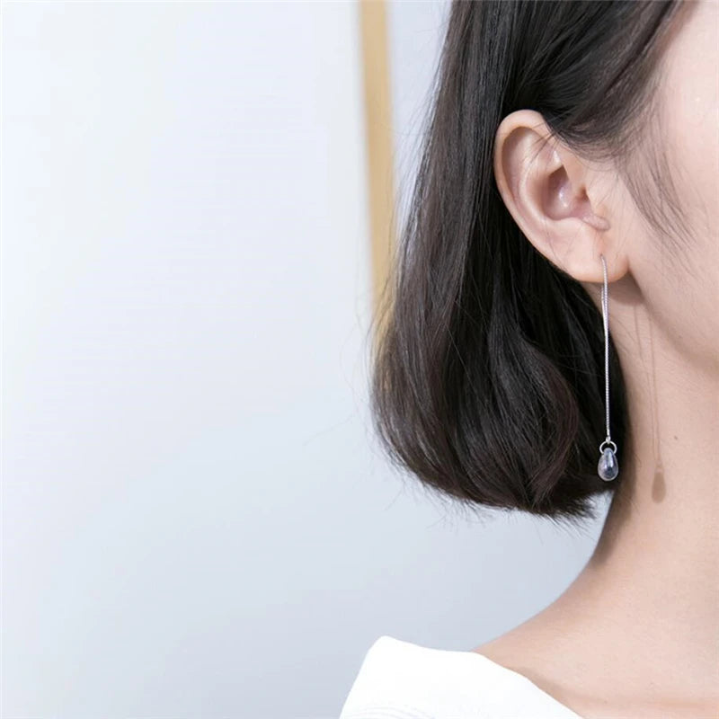 Long Tassel Earrings Literary Blue Crystal Water Droplets Silver Color Dangle Earrings For Women Girl Luxury Jewelry Party Gift