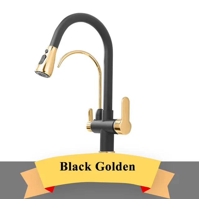 Gold Purify Water Kitchen Faucet Deck Mounted Dual Handle Faucet Purification Kitchen Sink Faucet 2 Swivel Spout Water Mixer Tap