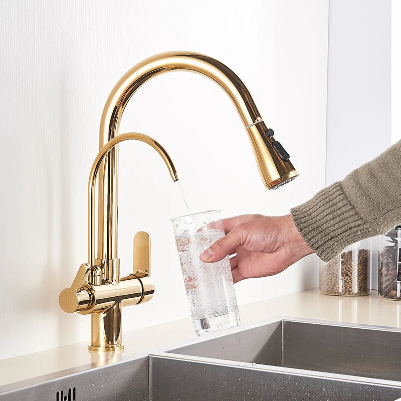 Gold Purify Water Kitchen Faucet Deck Mounted Dual Handle Faucet Purification Kitchen Sink Faucet 2 Swivel Spout Water Mixer Tap