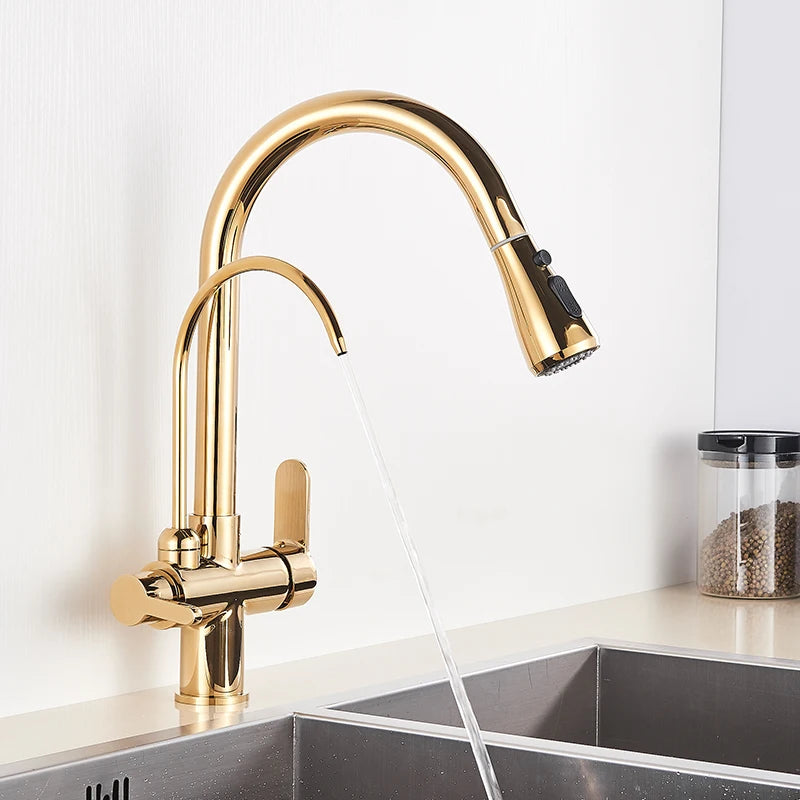 Gold Purify Water Kitchen Faucet Deck Mounted Dual Handle Faucet Purification Kitchen Sink Faucet 2 Swivel Spout Water Mixer Tap