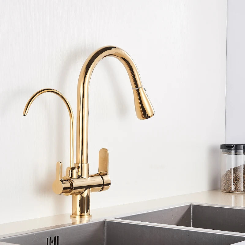 Gold Purify Water Kitchen Faucet Deck Mounted Dual Handle Faucet Purification Kitchen Sink Faucet 2 Swivel Spout Water Mixer Tap