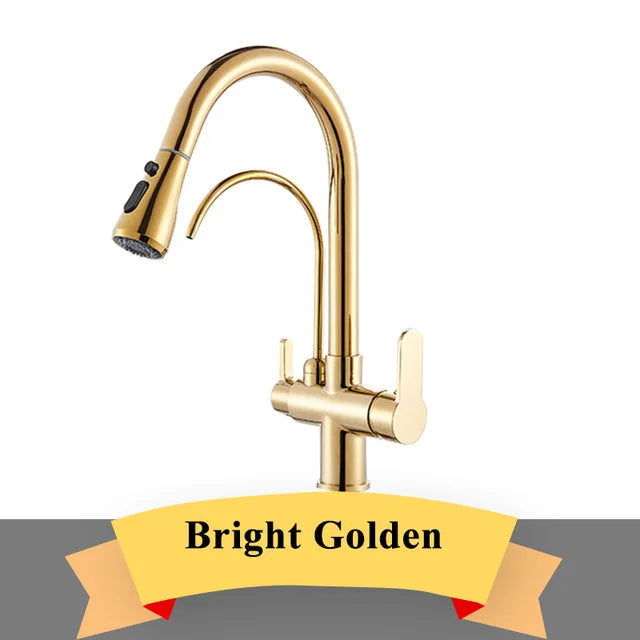 Gold Purify Water Kitchen Faucet Deck Mounted Dual Handle Faucet Purification Kitchen Sink Faucet 2 Swivel Spout Water Mixer Tap