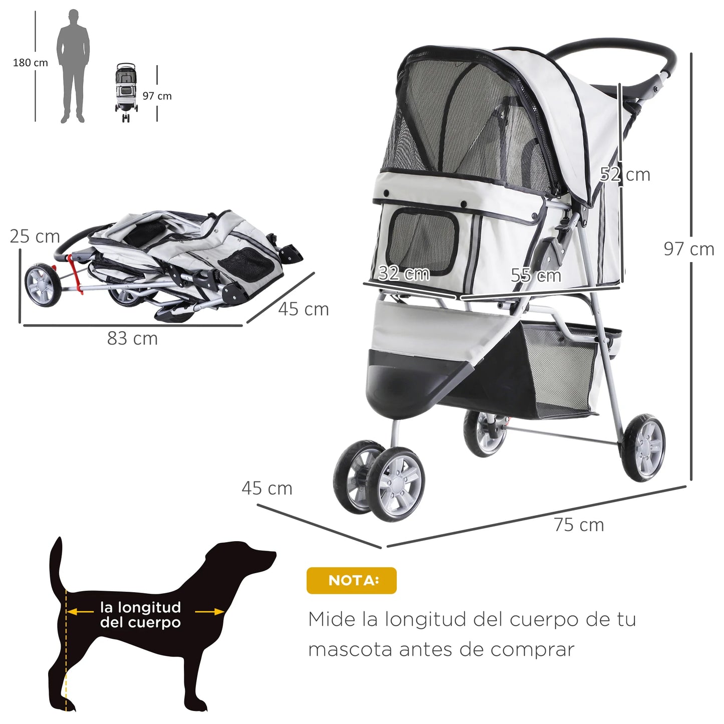 PawHut Pram Folding pets people 75x45x97 cm Dog cats claw Cart wheel castors Grey