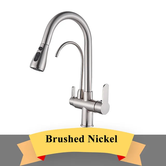 Gold Purify Water Kitchen Faucet Deck Mounted Dual Handle Faucet Purification Kitchen Sink Faucet 2 Swivel Spout Water Mixer Tap