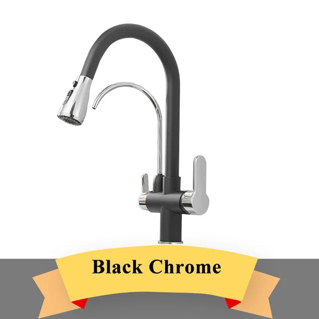 Gold Purify Water Kitchen Faucet Deck Mounted Dual Handle Faucet Purification Kitchen Sink Faucet 2 Swivel Spout Water Mixer Tap