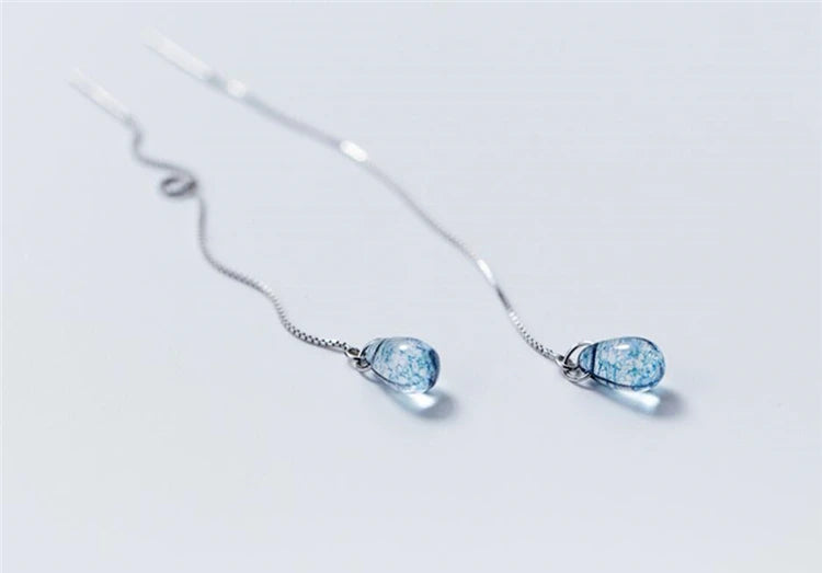 Long Tassel Earrings Literary Blue Crystal Water Droplets Silver Color Dangle Earrings For Women Girl Luxury Jewelry Party Gift