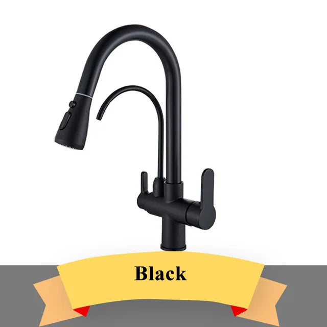 Gold Purify Water Kitchen Faucet Deck Mounted Dual Handle Faucet Purification Kitchen Sink Faucet 2 Swivel Spout Water Mixer Tap