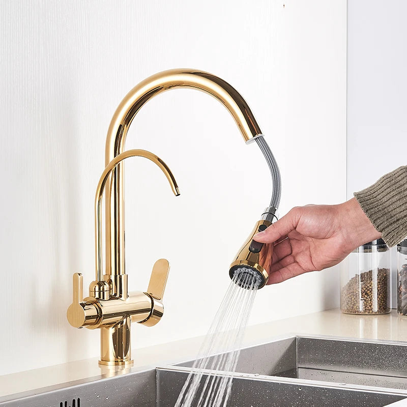 Gold Purify Water Kitchen Faucet Deck Mounted Dual Handle Faucet Purification Kitchen Sink Faucet 2 Swivel Spout Water Mixer Tap