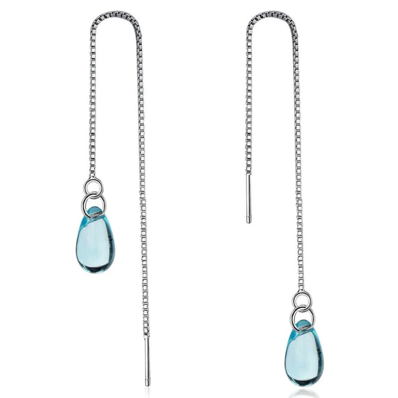 Long Tassel Earrings Literary Blue Crystal Water Droplets Silver Color Dangle Earrings For Women Girl Luxury Jewelry Party Gift