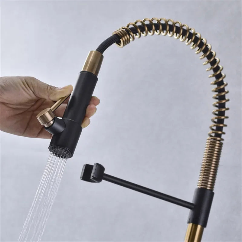 Brushed Gold Kitchen Faucets Pull Down Sink Faucet Pull Out Black Spring Spout Mixers Tap Hot Cold Water Crane