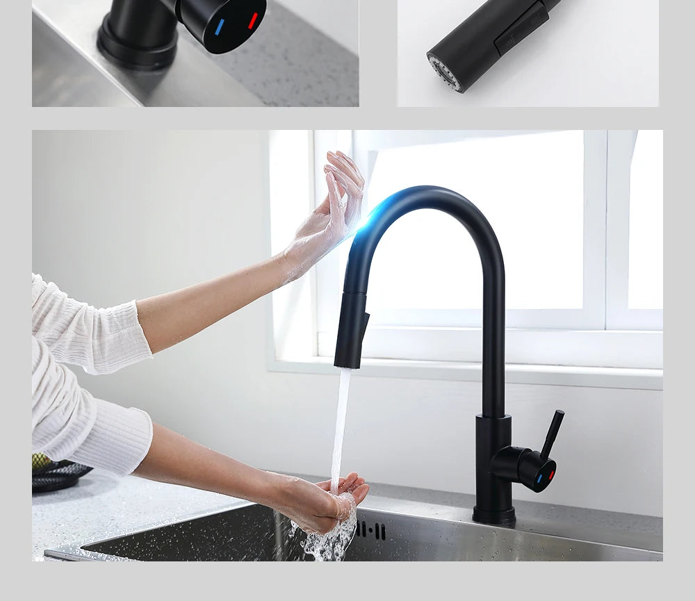 DQOK Kitchen Faucet Pull Out  Brushed Nickle Sensor Stainless Steel Black Smart Induction Mixed Tap Touch Control Sink Tap