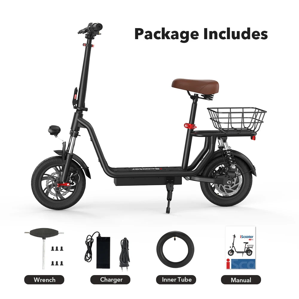 iScooter i12 12inch Electric Scooter 500W 25KM/H Folding Lightweight Adult Scooter 35KM Max Range Scooters with Seat and Basket