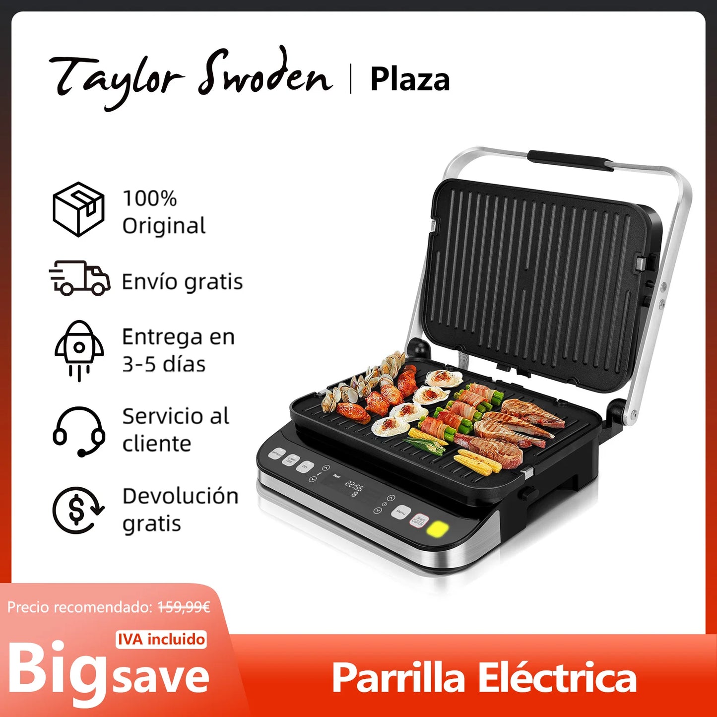 Taylor Swoden Aroma - 3 in 1 Electric Grill, 2000W, Grill, Sandwich Grill, Panini Press, Precise Temperature Adjustment, Cooking with 180O Opening, Defrost and Non-Stick Function