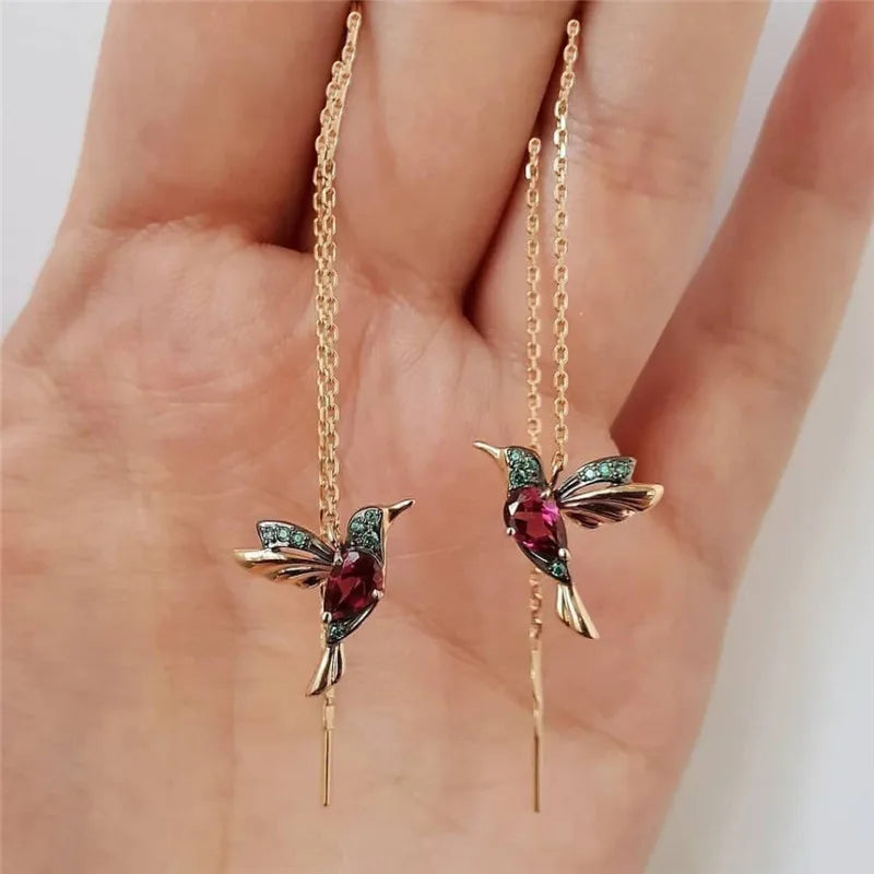 Women's Dangle Earrings Fashionable Wing Spreading Zircon Hummingbird Long Pendant Earchain Lady Jewelry Fashionable Wing Spread