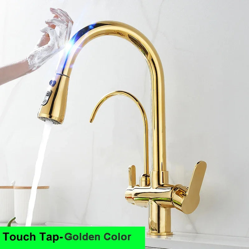 Brushed Nickel Touch on Filter Kitchen Faucet with Pull Down Sprayer Hot Cold Kitchen Sink Mixer Tap Sensor Touch Kitchen Faucet