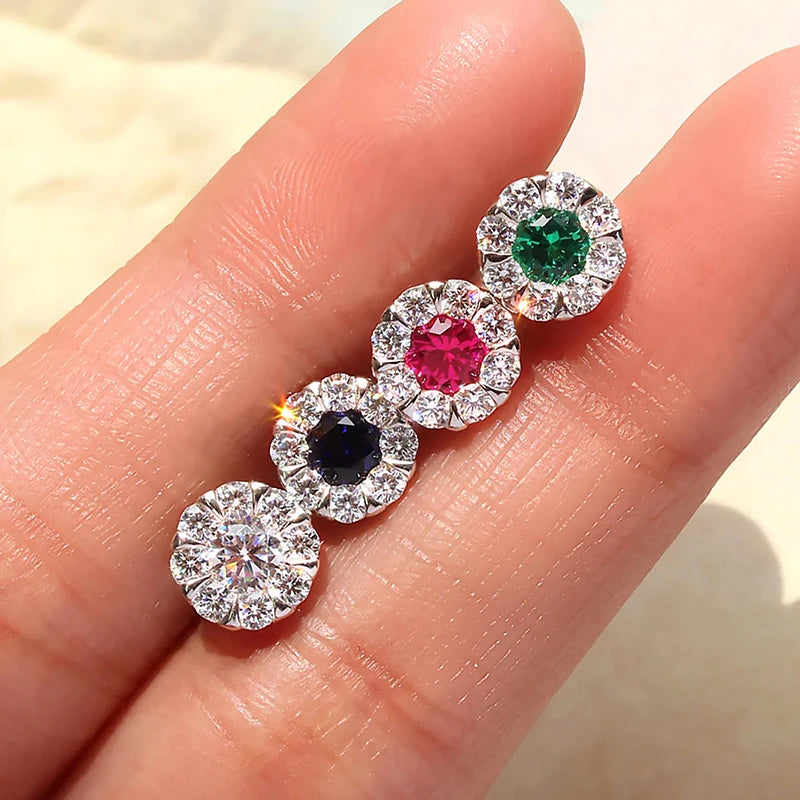 Huitan White/Blue/Red/Green Cubic Zirconia Stud Earrings for Women Dainty Ear Stud Temperament Female Accessories Trendy Jewelry