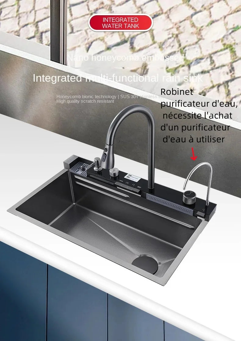 304 Stainless Steel Kitchen Sink Double Waterfall Single Slot Integrated Digital Display Faucet Set Soap dispenser Cup Washer