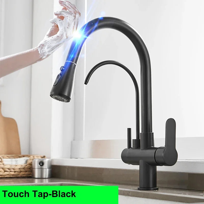 Brushed Nickel Touch on Filter Kitchen Faucet with Pull Down Sprayer Hot Cold Kitchen Sink Mixer Tap Sensor Touch Kitchen Faucet