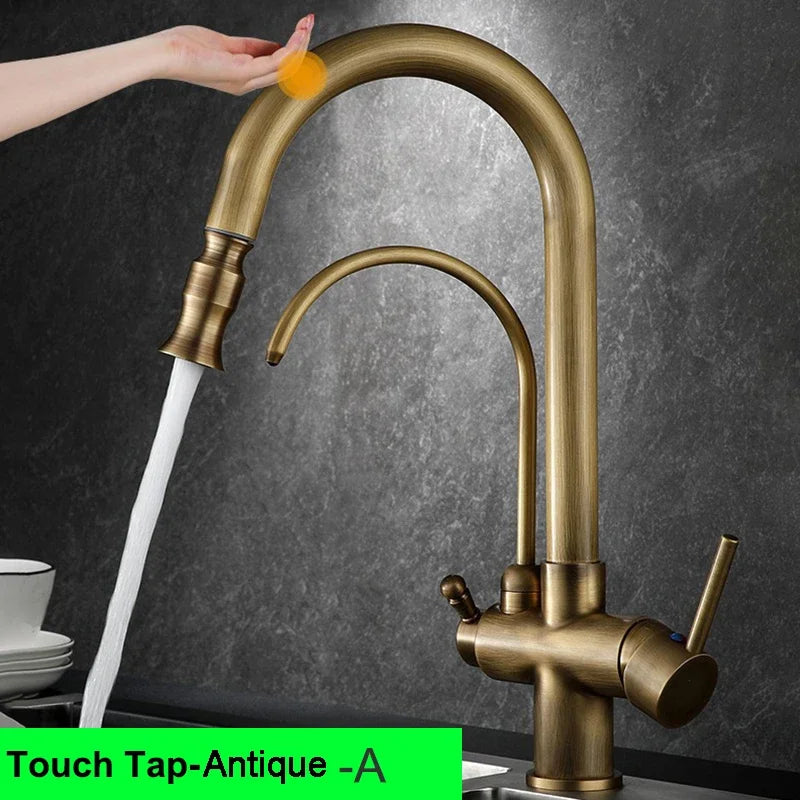 Brushed Nickel Touch on Filter Kitchen Faucet with Pull Down Sprayer Hot Cold Kitchen Sink Mixer Tap Sensor Touch Kitchen Faucet