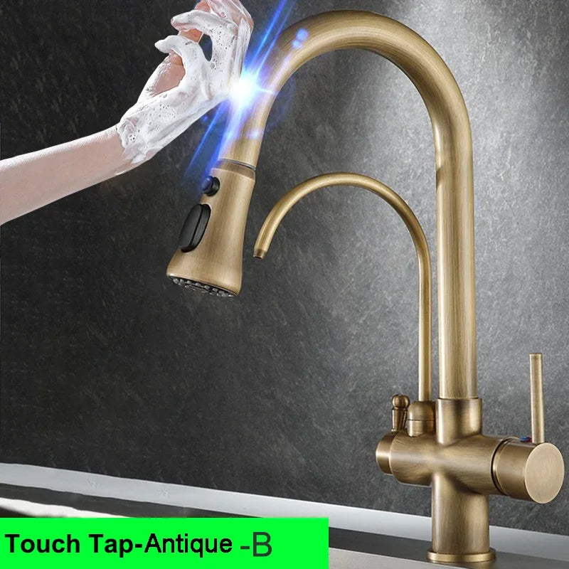 Brushed Nickel Touch on Filter Kitchen Faucet with Pull Down Sprayer Hot Cold Kitchen Sink Mixer Tap Sensor Touch Kitchen Faucet