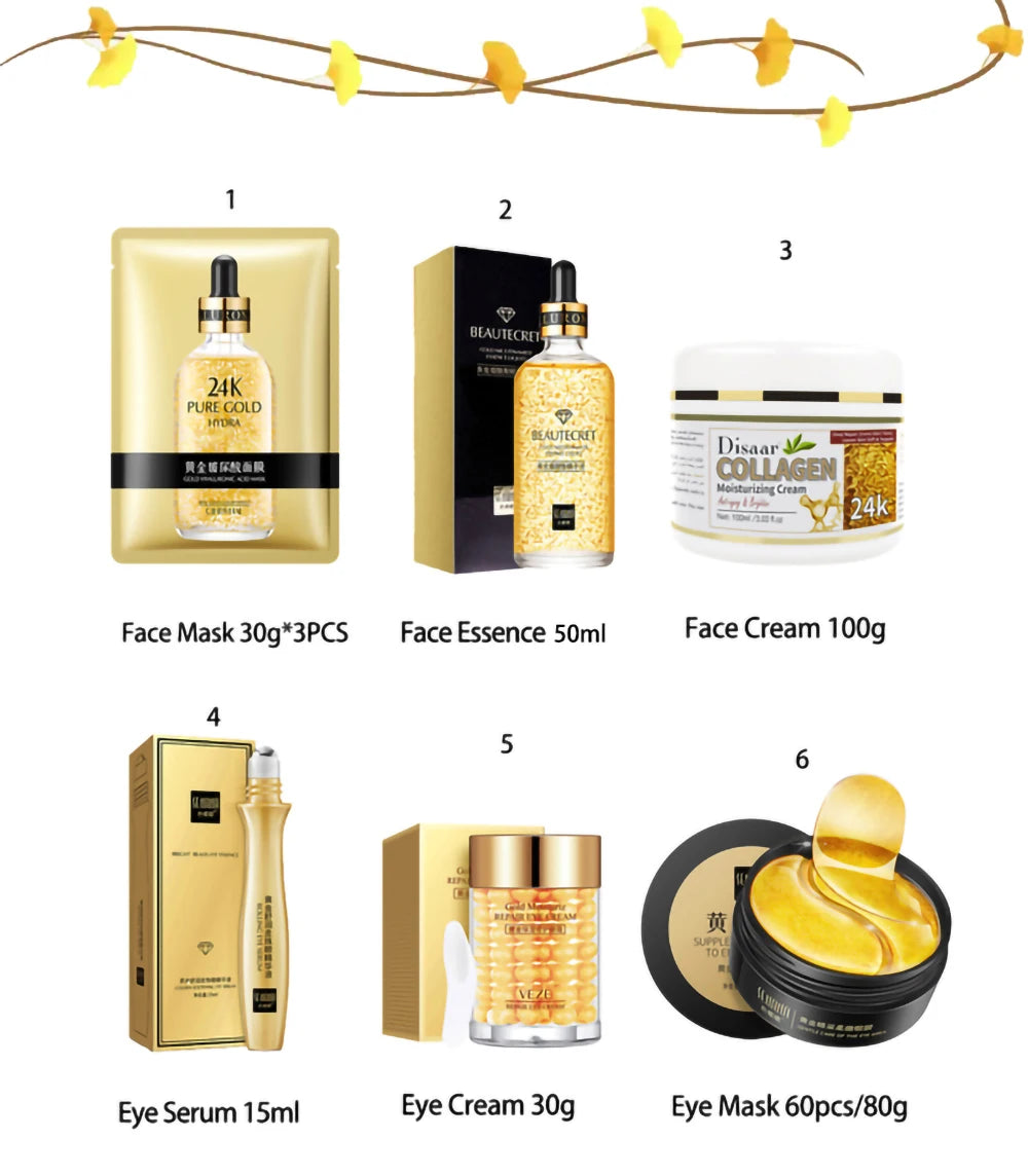 24K Gold Skincare Set Nicotinamide Face Essence Fade Dark Eye Circles Collagen Eye Cream Firming Skin Eye Mask Face Care Kit